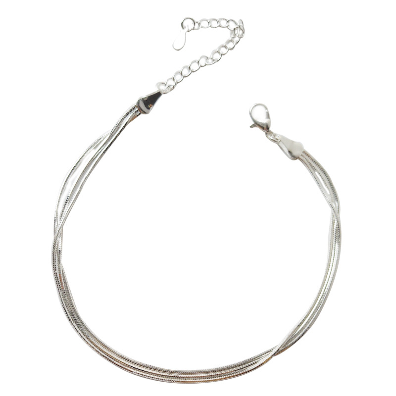 S925 plata esterlina hueso de serpiente tobillera hombres y mujeres personalidad de la moda ins elegante tobillera simple cadena de tobillo de tres capas