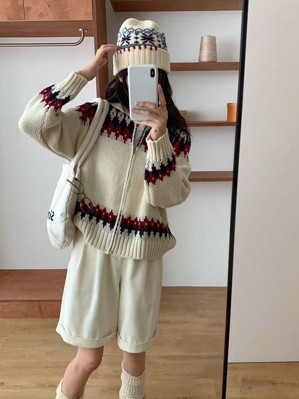 复古文艺费尔岛毛衣外套女减龄少女翻领针织开衫韩版秋冬拉链开衫|undefined