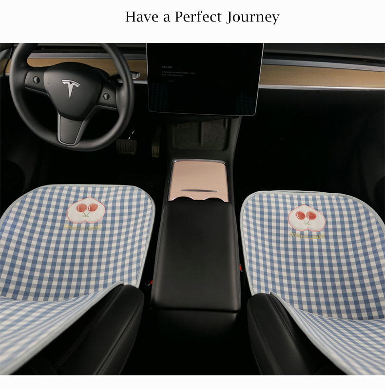 Plaid Cherry Car Cushion Four Seasons Universal Linen Single Piece Goddess Seat Cover Semi-enclosed Breathable Summer Day