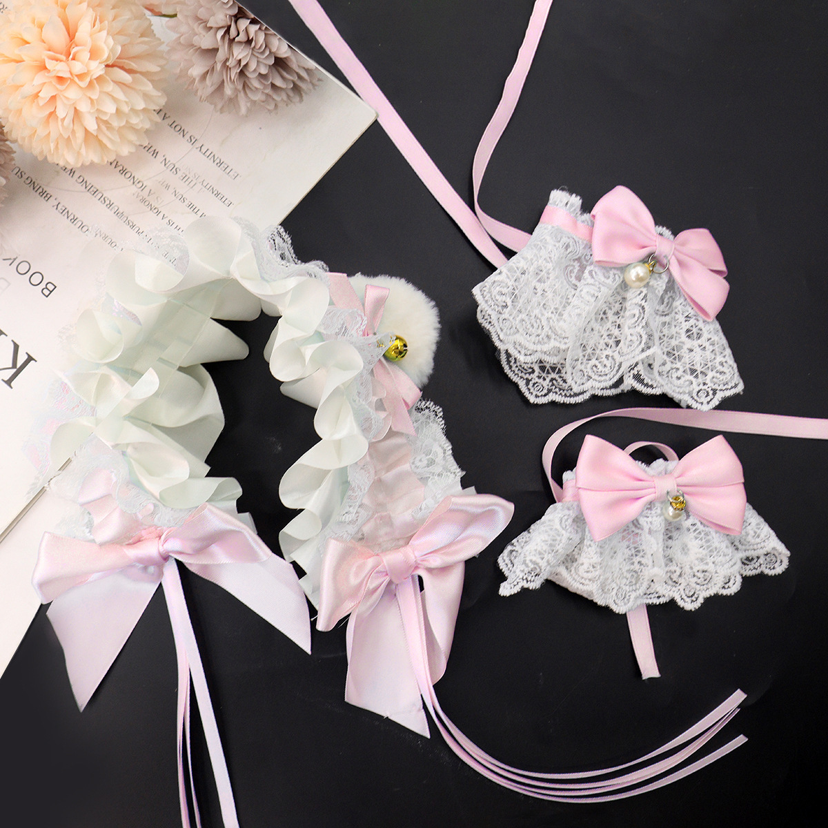 Lolita orejas de gato adornamiento de cabello arco campana de encaje borde clip de cabello banda de malla pulsera de hilo orejas de animales correa de cabello