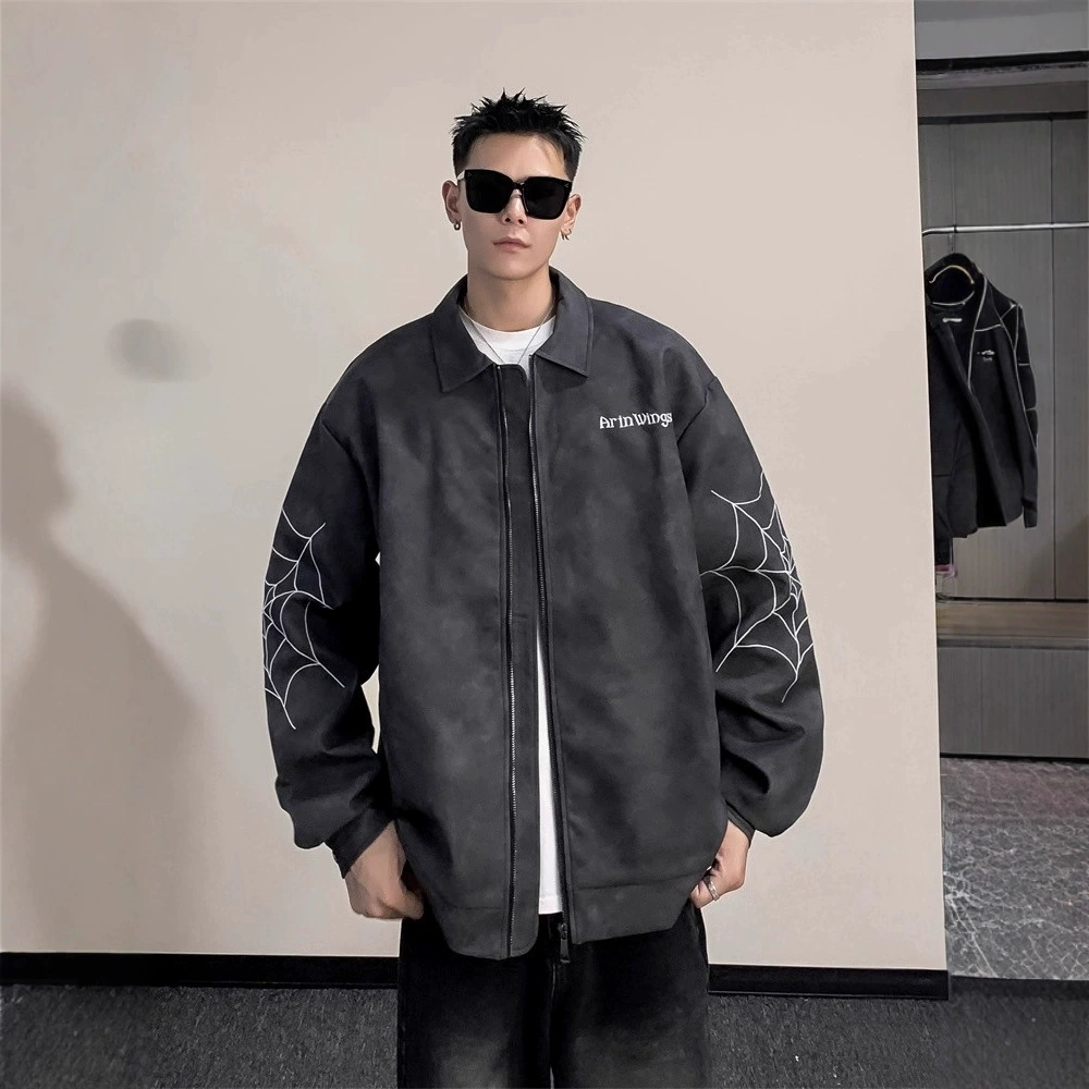 Кожаная куртка с вышивкой в ​​виде паутины, мужская модная стильная высококачественная красивая американская мотоциклетная куртка с лацканами