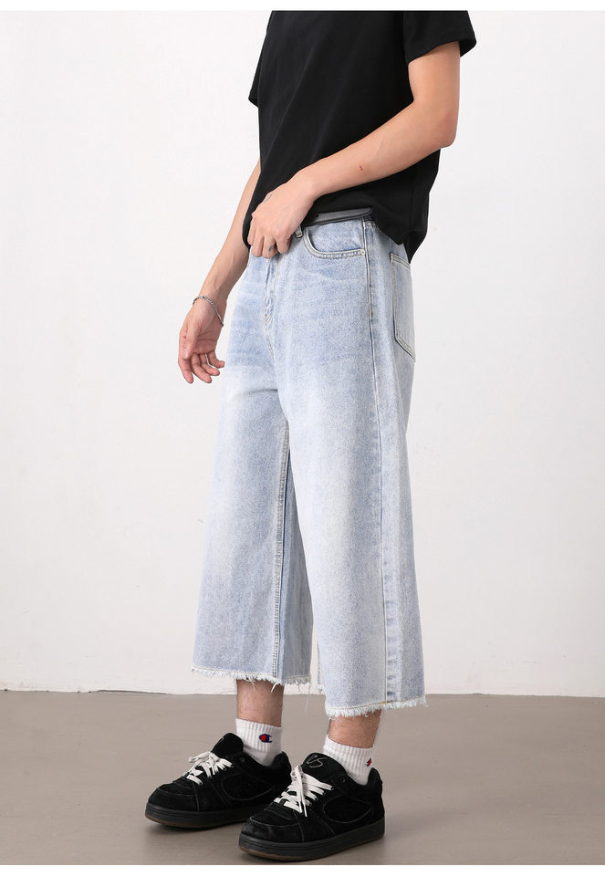 Quần short denim nam ống rộng dáng thẳng, kiểu Mỹ cổ điển, wash xước gấu, dài 8/10 — Màu xanh dương chi tiết 12