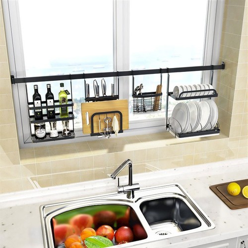 Stainless steel bowl rack kitchen window sill window black storage shelf wall mounted no drill bowl dish organizer rack hanger ornament