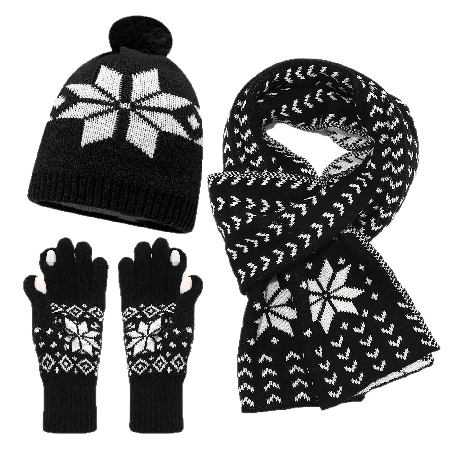 Europa y América Navidad patrón de copo de nieve sombrero de punto bufandas guantes de tres piezas para mujeres decoración de Navidad conjunto cálido