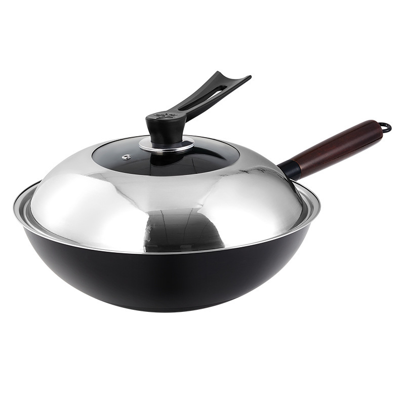 Olla de hierro fina de Zhangqiu Olla de cocción de fondo plano antideslizante Olla de fondo redondo con menos humos aceitosos para el hogar Cocina sartén antiadherente salteada universal