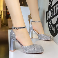 7723-K106 Wind Strap Wedding Shoes Square Head Shallow Mouth Waterproof Platform Thick Heel High Heel Sparkling Sandals for Women