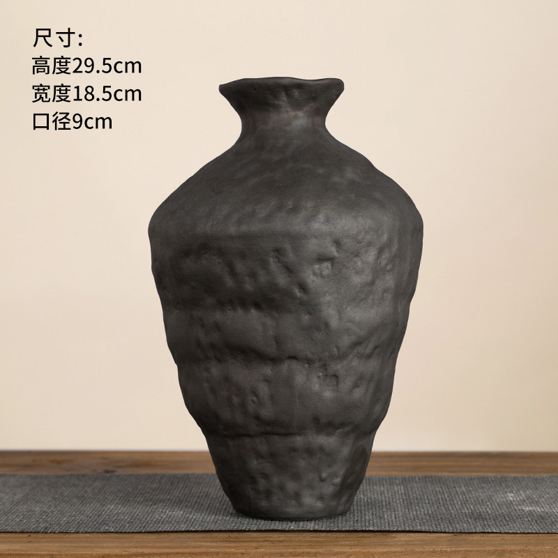 复古黑色陶瓷花瓶客厅插花玄关民宿禅意茶室水培侘寂风陶罐摆件|undefined