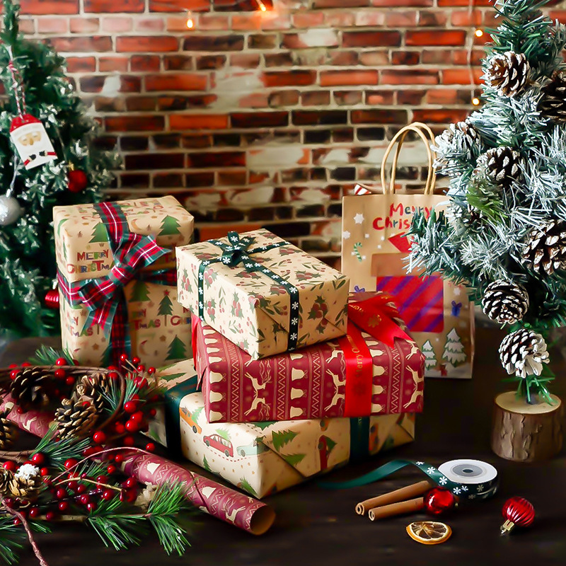 Amazon nuevo papel de regalo de Navidad engrosada papel Kraft amarillo caja de regalo de Navidad papel de embalaje al por mayor