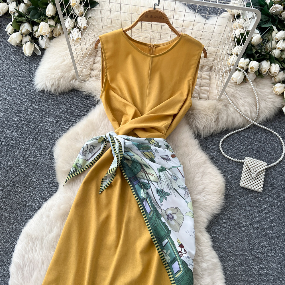 Elegant Sleeveless Round Neck Dress Style Summer Asymmetrical Long Dress With Scarf And Slit Sophisticated Tie Waist For Commuting_ecoleips.com