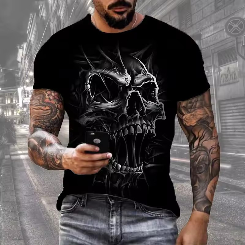 Thriller Hell Skeleton 3D Print Camiseta de cuello redondo de manga corta transpirable de malla suelta de verano para hombre