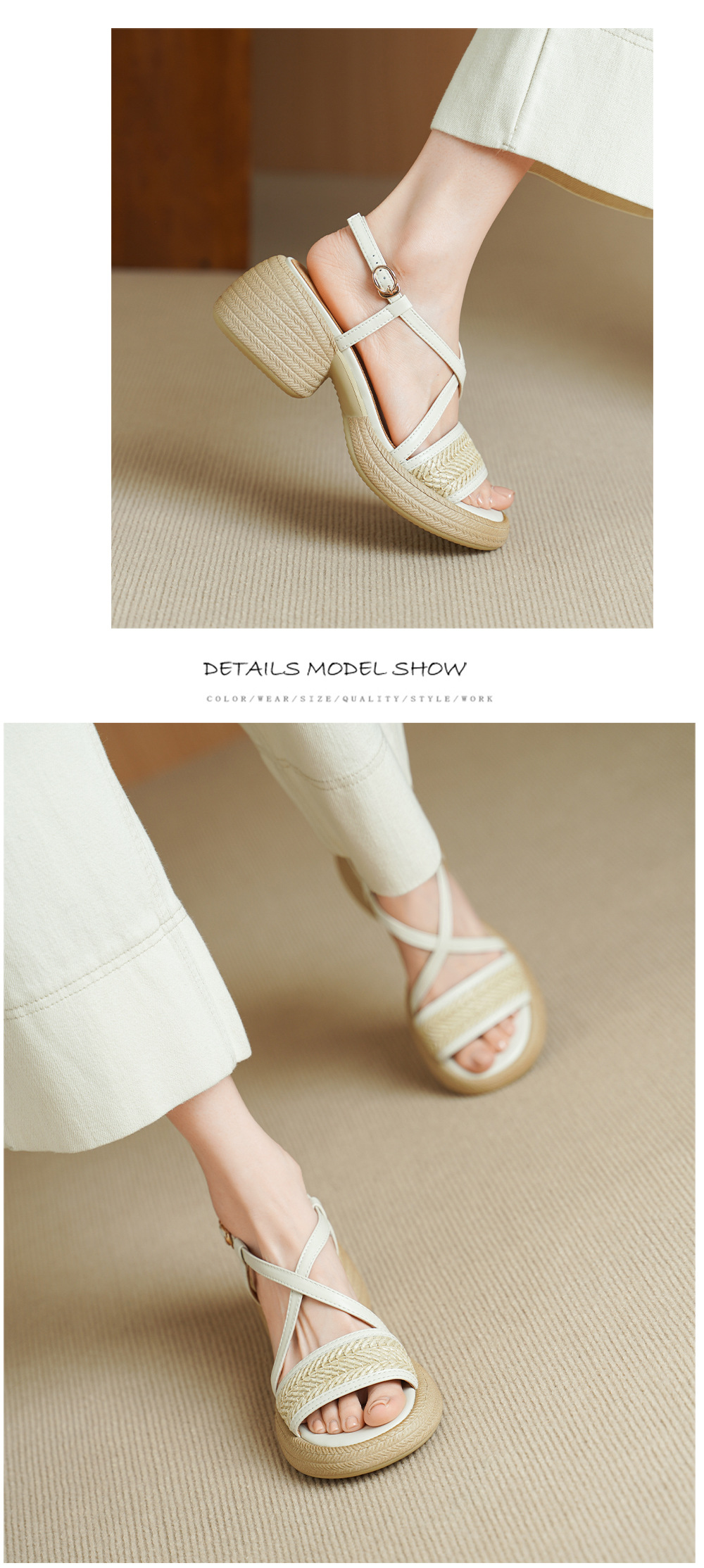 Sandal cao gót nữ mũi hở quai chéo khóa ngang gót dày — Màu nâu nhạt chi tiết 8