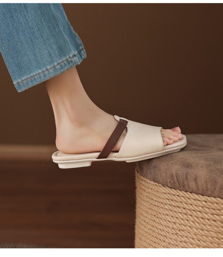Dép sandal nữ xỏ ngón đế bệt phối màu hở mũi thời trang — màu trắng ngà, màu mơ chi tiết 12
