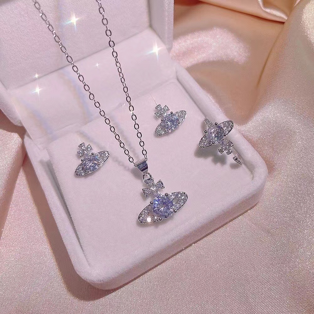 New Crown Shape Earrings Ring Necklace Three-piece Set Zircon Jewelry European and American Women's Necklace Set No Falling