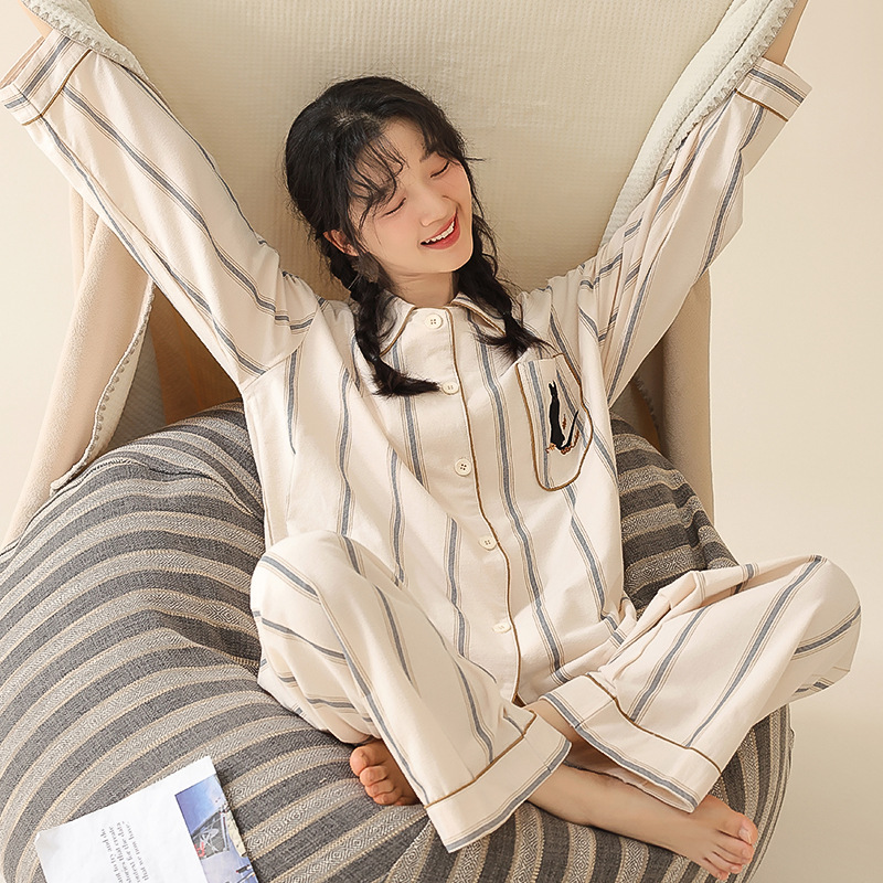 2024 봄과 가을 새 면 파자마 여성용 긴팔 INS 캐주얼 옷깃 하이 엔드 센스 홈웨어 커버