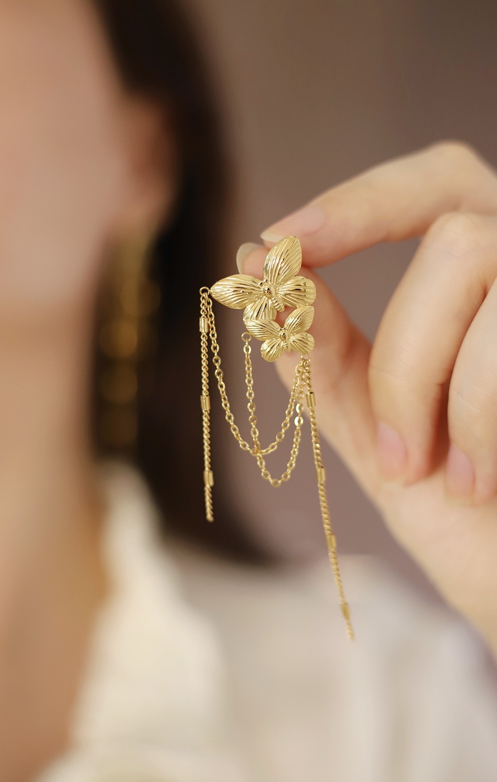 Model Show Butterfly Tassel Stainless Steel Earrings