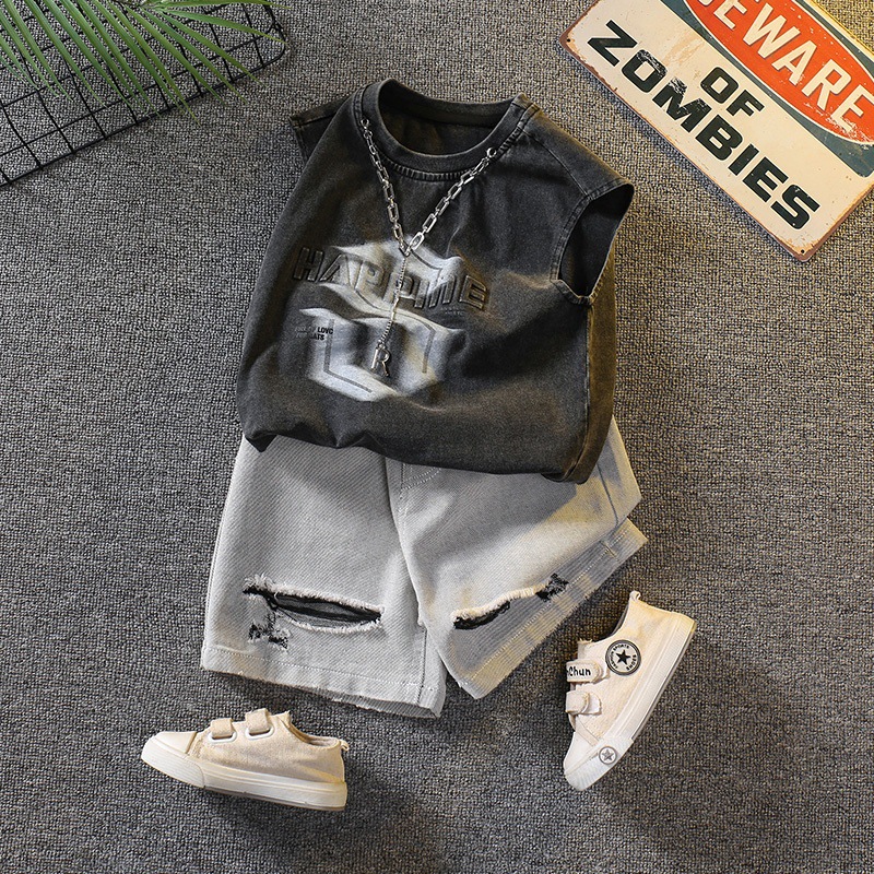 7338 Traje de verano para niños 2025 Nuevo chaleco sin mangas de estilo occidental para niños Verano delgado Versión coreana de dos piezas Verano