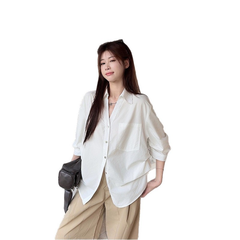 韩系设计V领衬衫袖白色衬衫女装早秋新款老钱风宽松显瘦收腰上衣|undefined