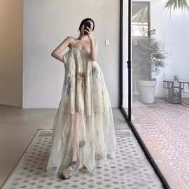 23春夏新款小众设计国风新中式茶染吊带长裙飘逸网纱透视连衣裙女
