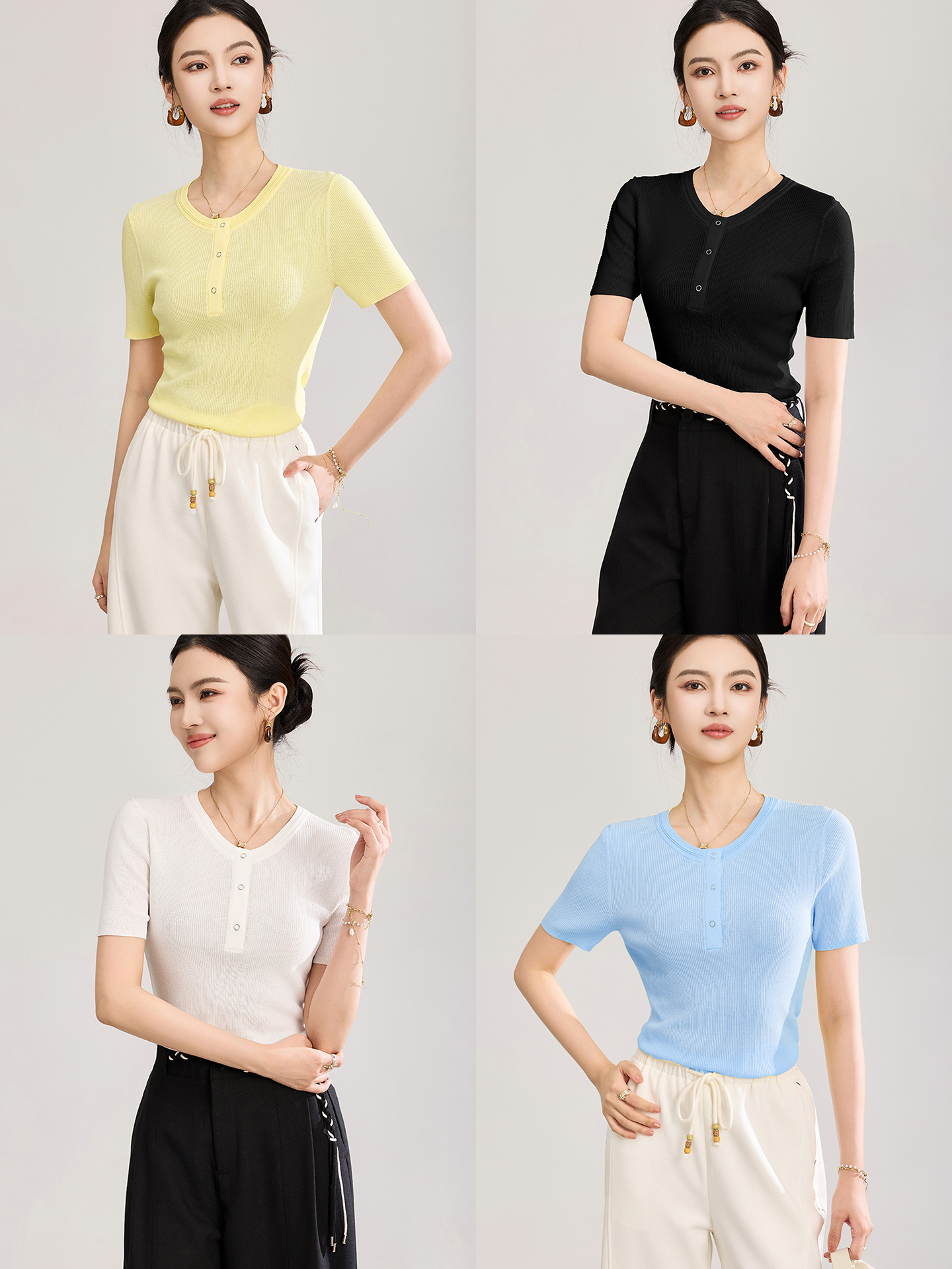 Áo thun nữ cổ tròn tay ngắn dệt kim siêu mịn form vừa vặn — màu đen
