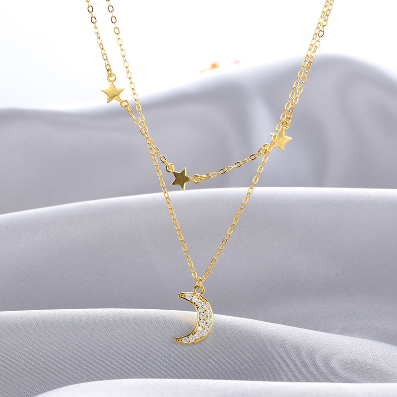 Moda fresca suéter cadena estilo coreano s925 plata esterlina ZIRCON estrella Luna joyería collar femenino nicho diseño colgante