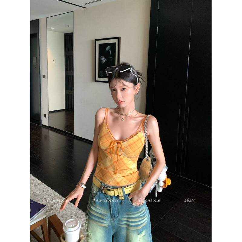 Original Style Hot Girl Party American Retro Orange Plaid V-Neck Elastic Adjustable Strap Tank Top Original Style Hot Girl Party American Retro Orange Plaid V-Neck Elastic Adjustable Strap Tank Top
