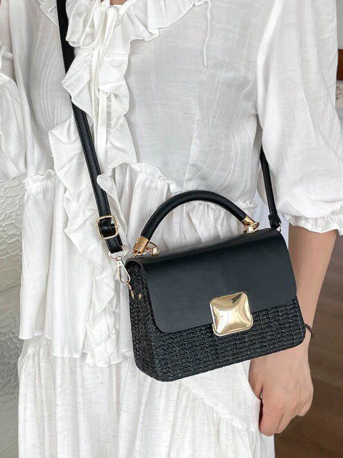 Túi đeo chéo nữ dạng hộp vuông nhỏ phối màu, đan dệt thời trang, đựng điện thoại — Kiểu 2 màu nâu, Kiểu một màu trắng., Mẫu 2 màu trắng, Mẫu 2 màu đen