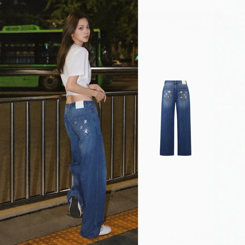 Ouyang Nana's same style retro sequin star pocket boyfriend pants, loose straight wide-leg jeans