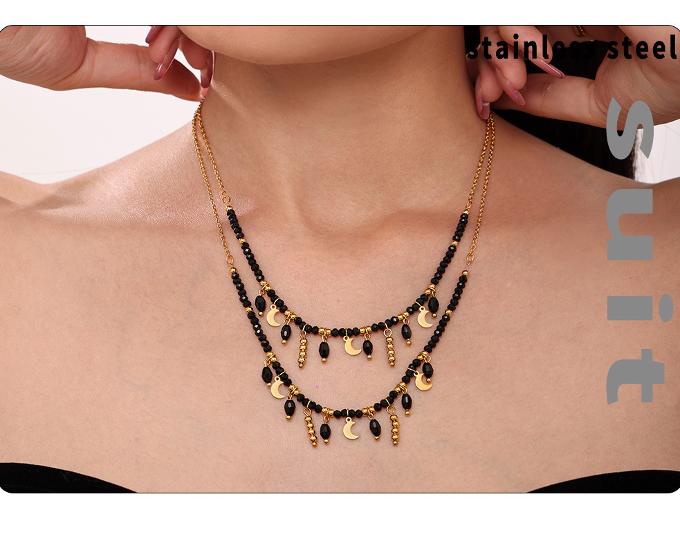 Sugar Cube Retro Temperament Black Crystal Moon Tassel Pendant Clavicle Necklace Stainless Steel Dark Queen Jewelry_voghion.com