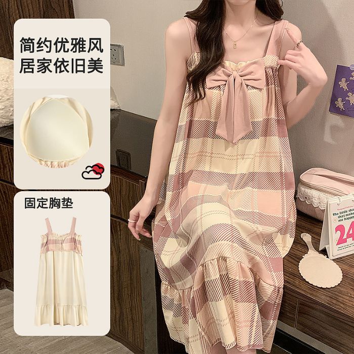 Comercio exterior transfronterizo verano nuevo estilo pijama damas imitación algodón cojín en el pecho camisón bowknot servicio a domicilio de longitud media