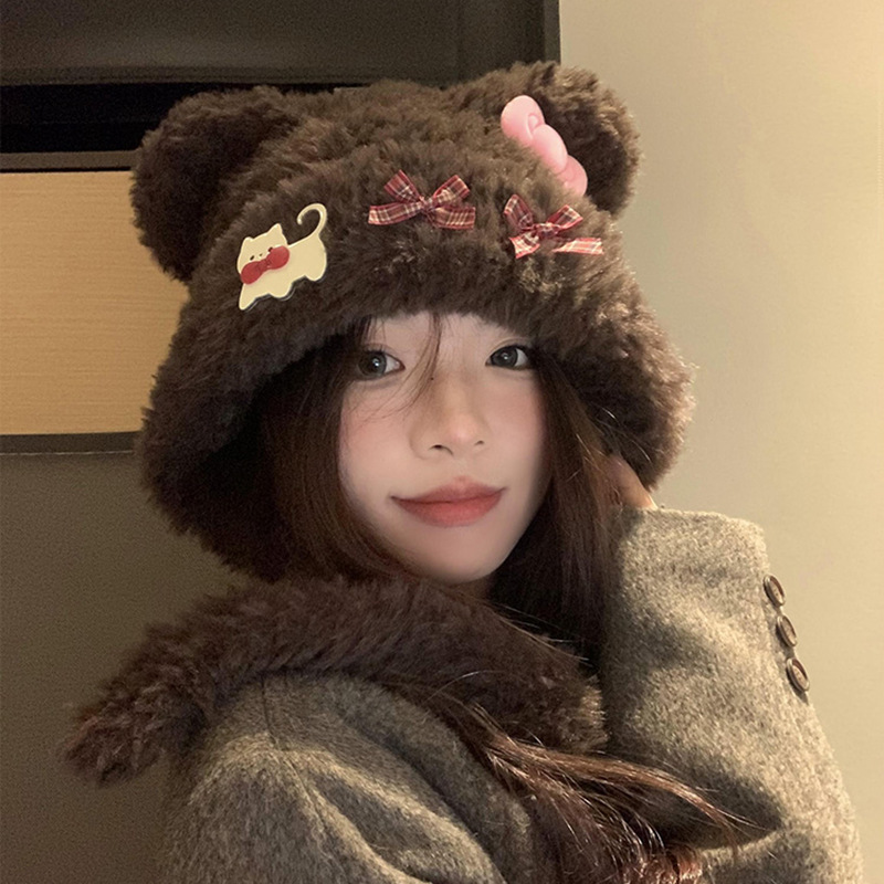 蝴蝶结猫耳朵毛绒帽女秋冬季条纹护耳针织帽显脸小保暖毛线帽子|undefined