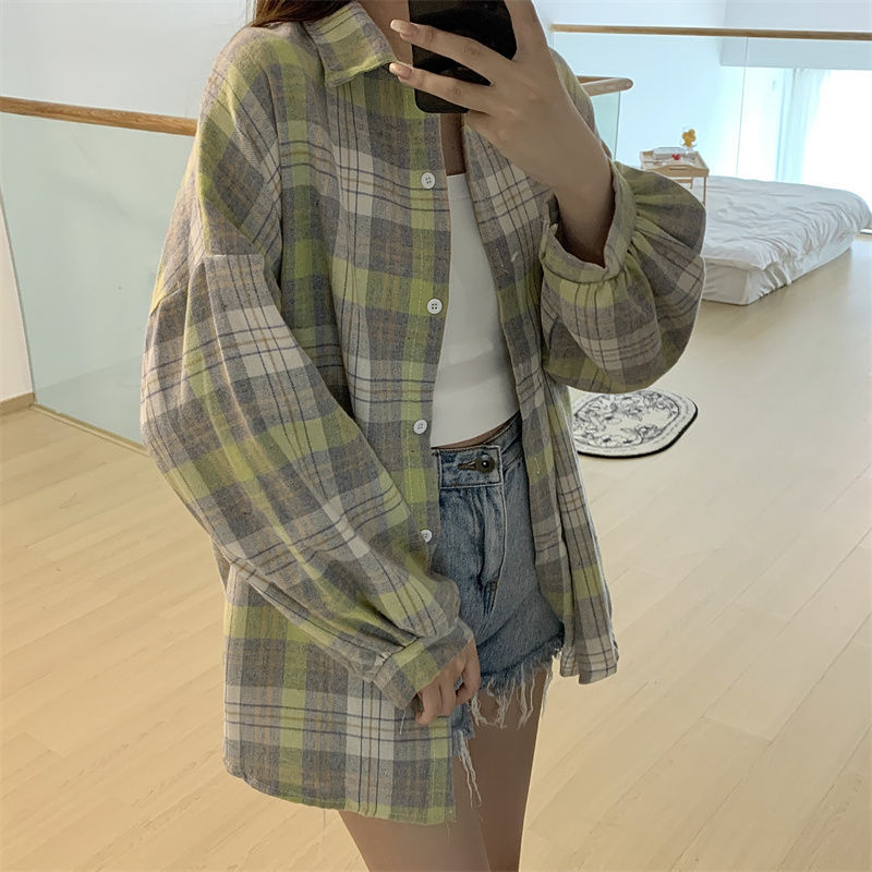 格子衬衣女韩系设计感小个子春秋复古百搭宽松衬衫防晒内搭外套|undefined