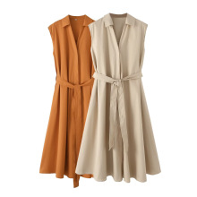 速卖通跨境欧美女装批发2025早春新款府绸无袖衬衫连衣裙