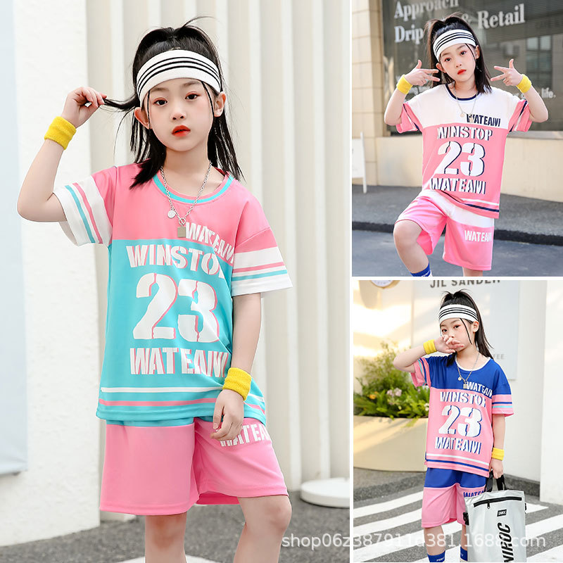 Summer girls' short-sleeved sports suit medium and large children's casual training Jersey primary and secondary school students' quick-drying short-sleeved basketball clothes