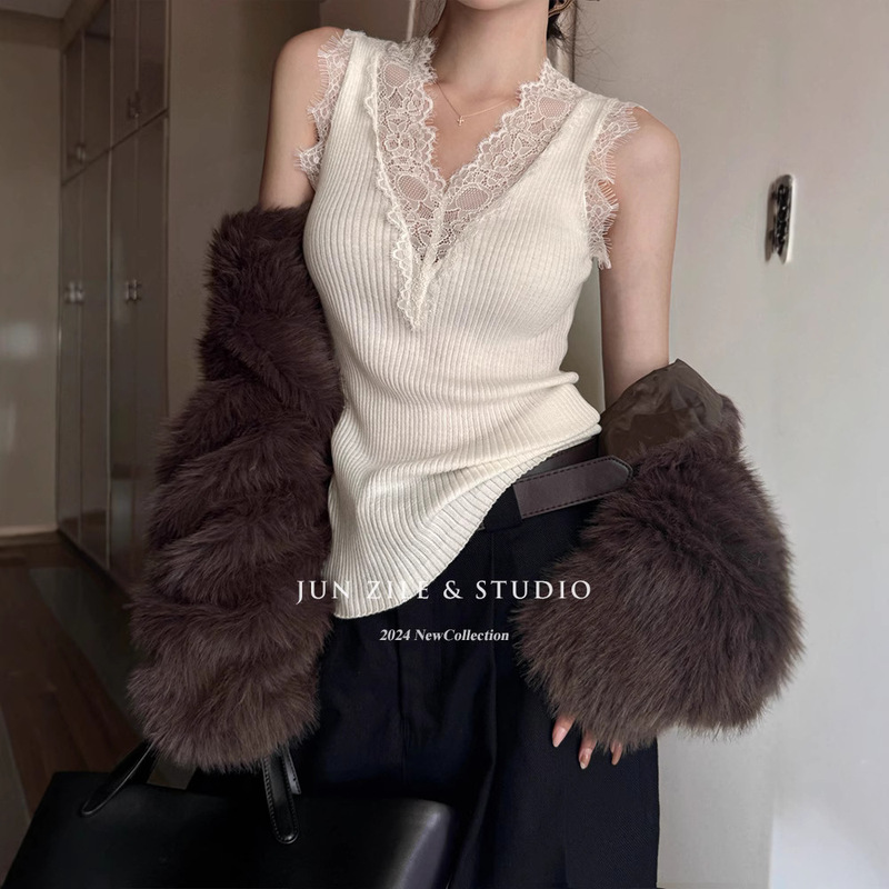 Inner Knitted Base Shirt Women's Autumn and Winter V-Neck Eyelash Lace Stitching Vest Elegant Slim-fit Slimming Sleeveless Top