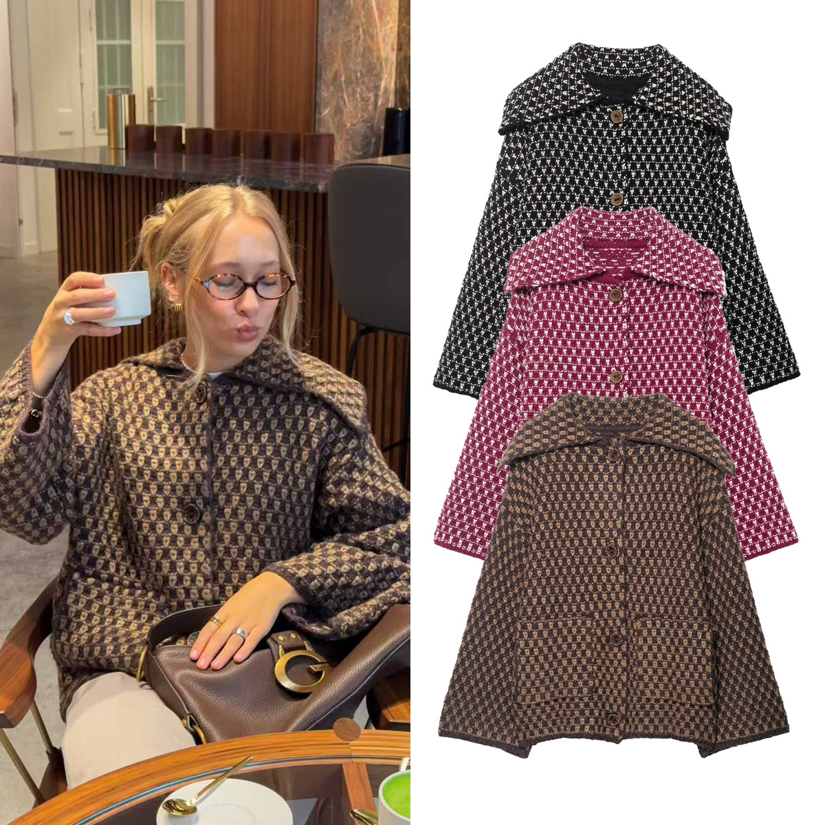 跨境外贸女装2025秋季欧美风翻领长袖单排扣针织衫外套女A36902