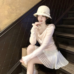 Q女家 蜜桃奶冻/早秋荡领莱赛尔羊毛长袖毛织上衣打底针织衫粉色