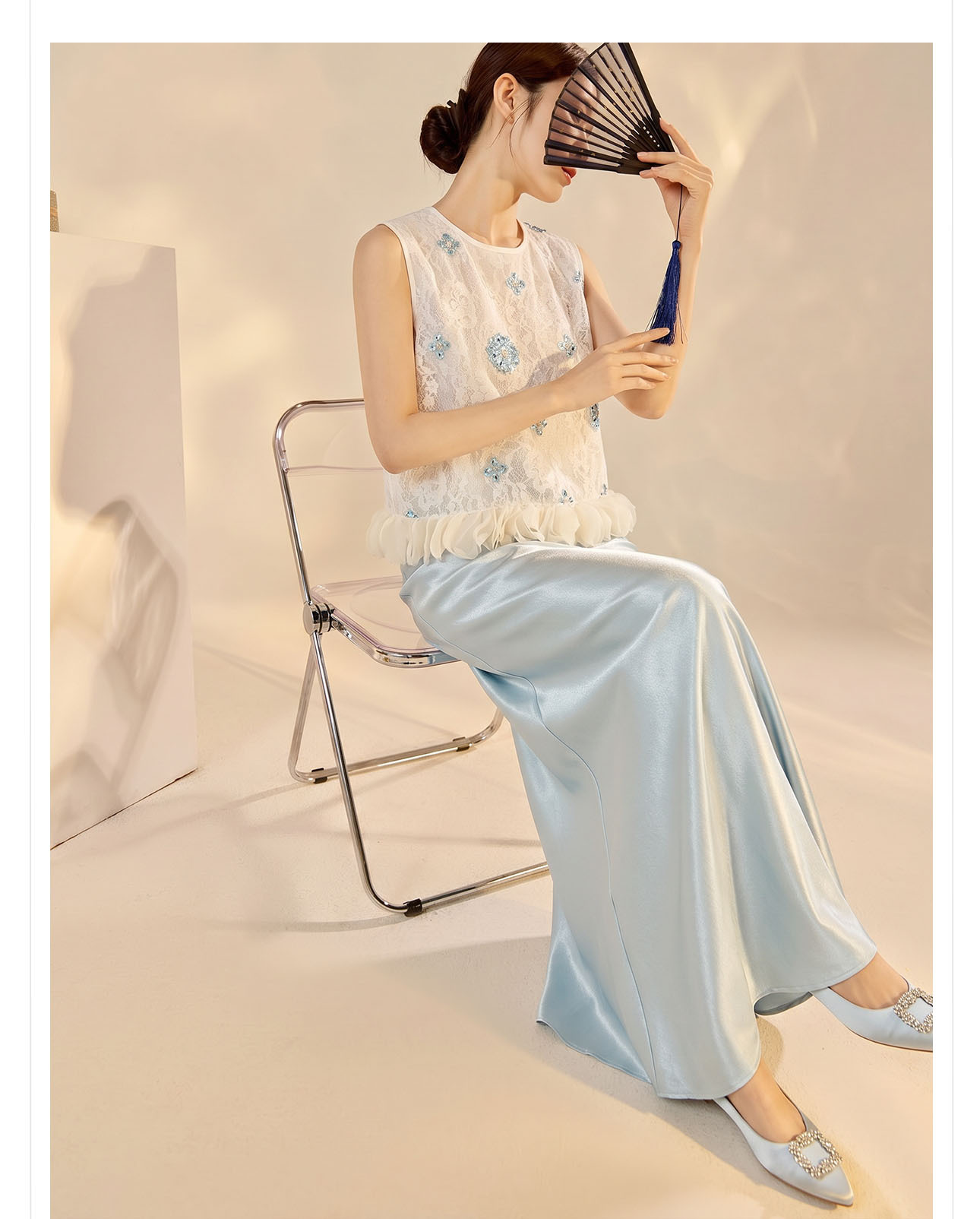 Bộ áo khoác gile thêu đính kết hợp chân váy midi phong cách Trung Hoa mới — bộ đồ, Trang chủ, Màu xanh nửa váy chi tiết 3