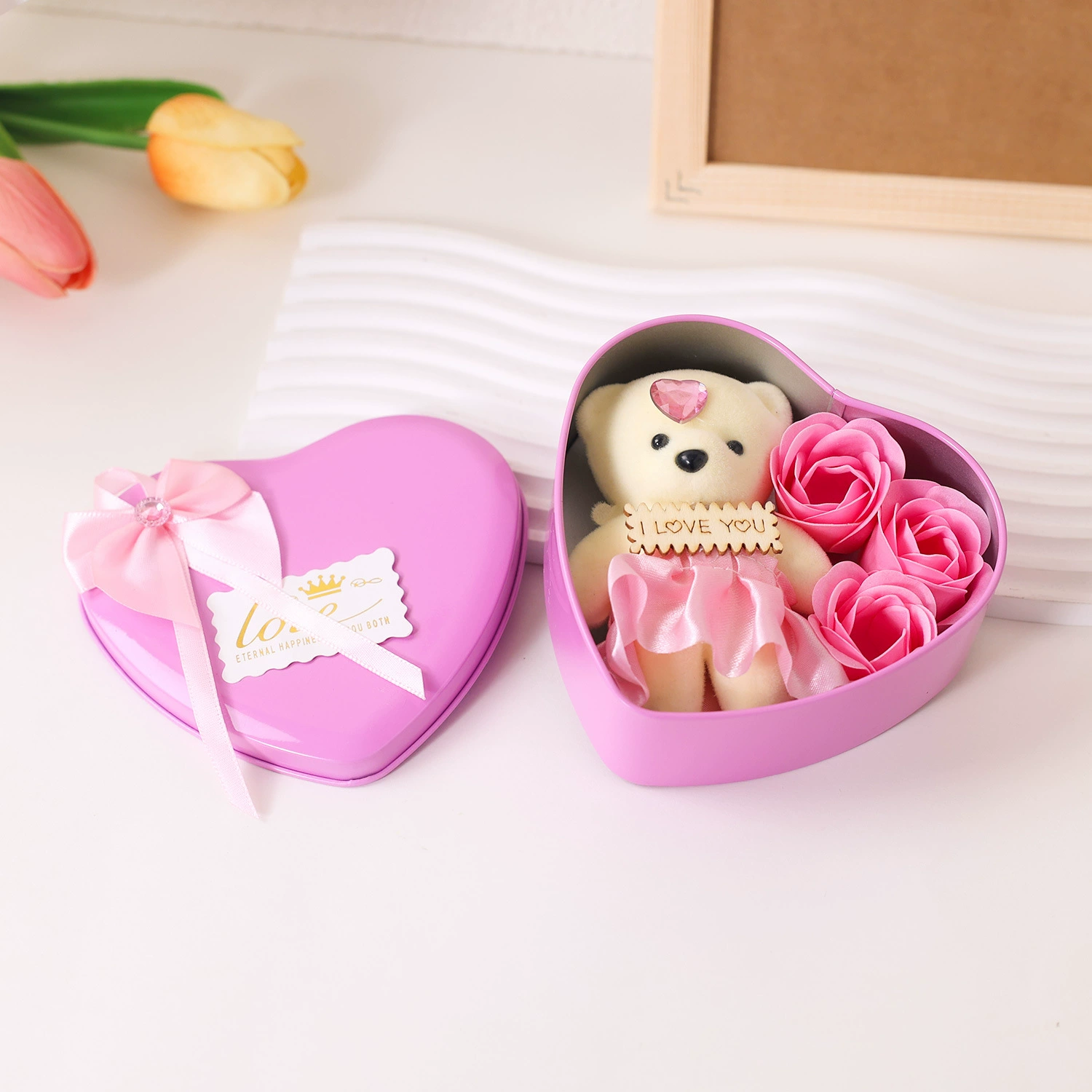 Tin box, soap for St. Valentine's Day contains rose, Birthday gift