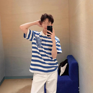 2025 Shenzhen Nanyou Lujia High-Quality Blue and White Stripesd Fashionable Loose Short-Sleeved Polo Shirts for Men and Women