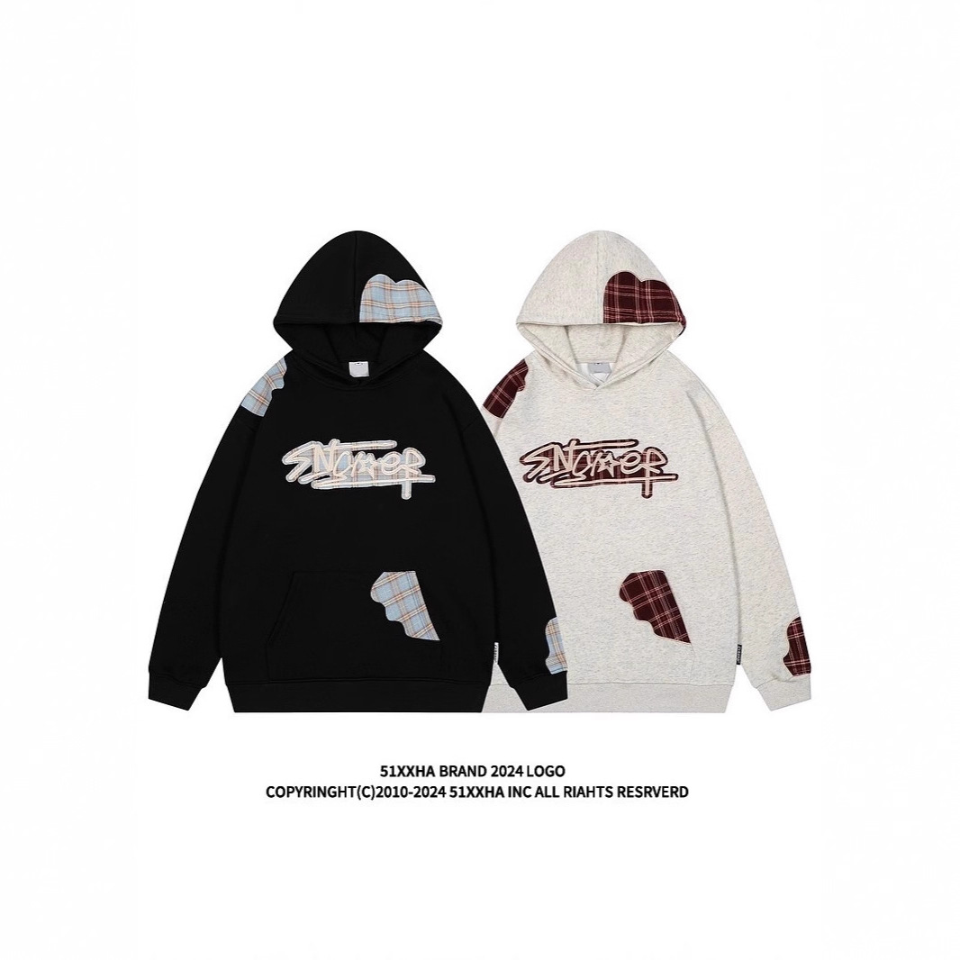 High Street Splicing Grid Design Sense Hooded Sweatshirt Men's Trendy Brand Couple Jacket_voghion.com