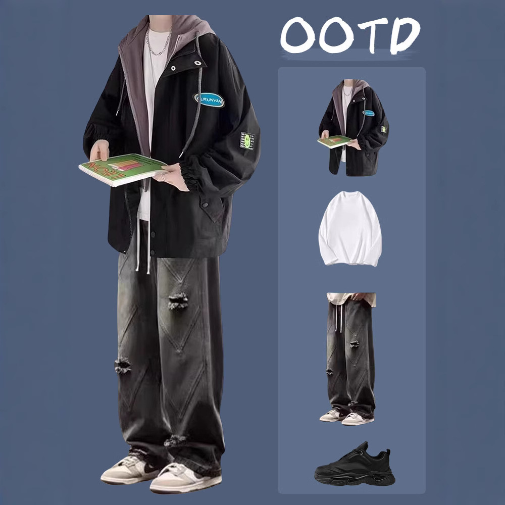 1041 블랙 자켓 + 롱 화이트 T + K26 블랙 청바지