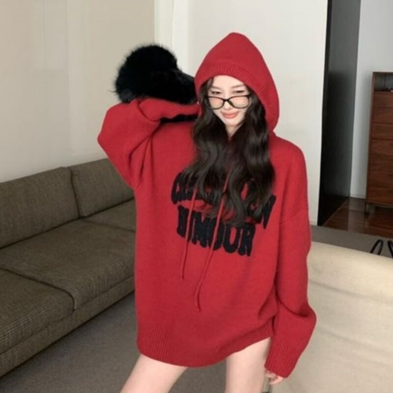 Cross-Border Women's Autumn and Winter Letter Embroidered Casual Hooded Knitwear Lazy Style Knitted Knitwear Loose Versatile Top Cross-Border Women's Autumn and Winter Letter Embroidered Casual Hooded Knitwear Lazy Style Knitted Knitwear Loose Versatile Top