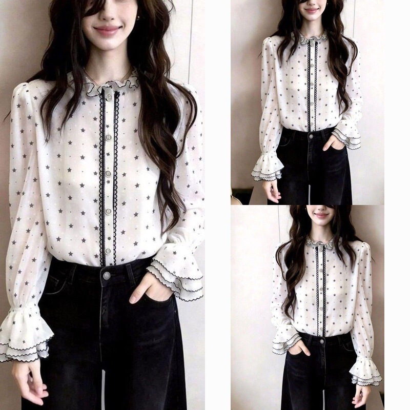 Jinbukang 2026 Spring White Polka Dot Lace Collar Design Shirt for Women, Youthful, Stylish, Unique, Beautiful and Nice Jinbukang 2026 Spring White Polka Dot Lace Collar Design Shirt for Women, Youthful, Stylish, Unique, Beautiful and Nice