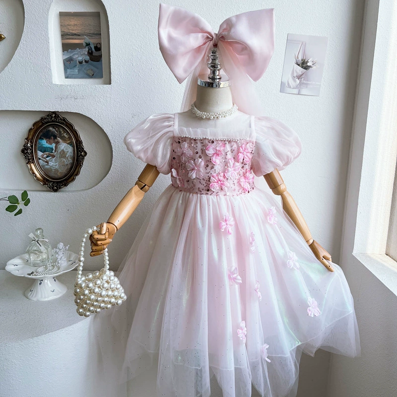 Summer clothing, small princess costume, girl's skirt, nail sequins with bow, western style, flowered, with short sleeve, tulle