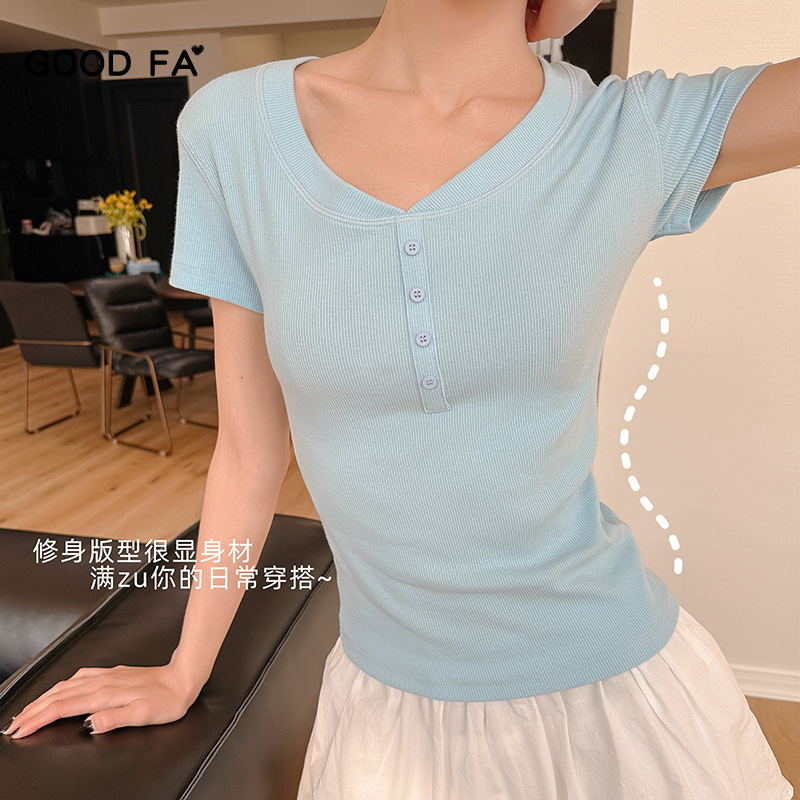 GOOD FA 2025 Spring and Summer Solid Color Henry Collar Simple Button Slim Short Sleeve 25217