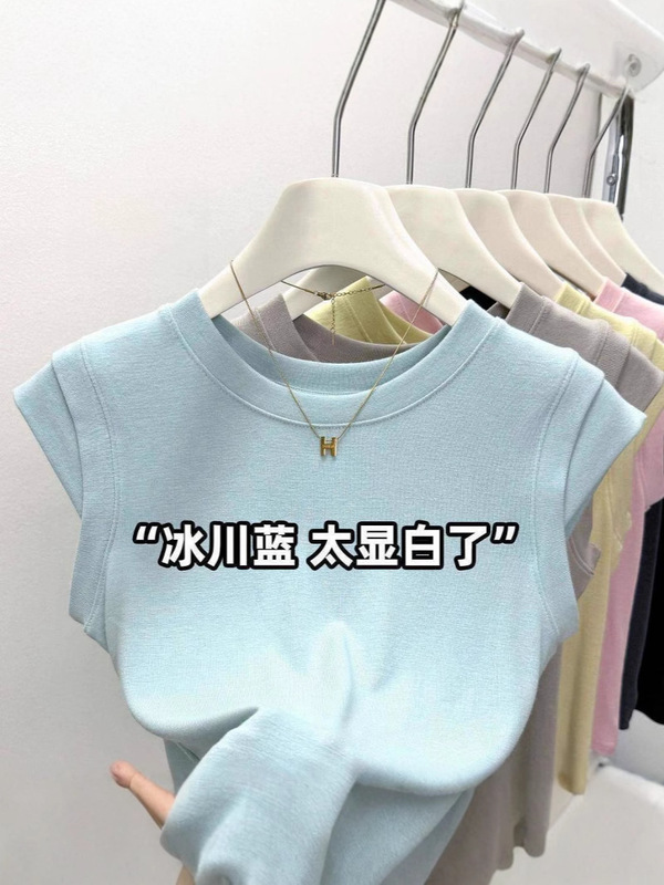 正肩夏季2025新款圆领无袖短袖T恤设计感小众修身飞飞袖短款上衣|undefined