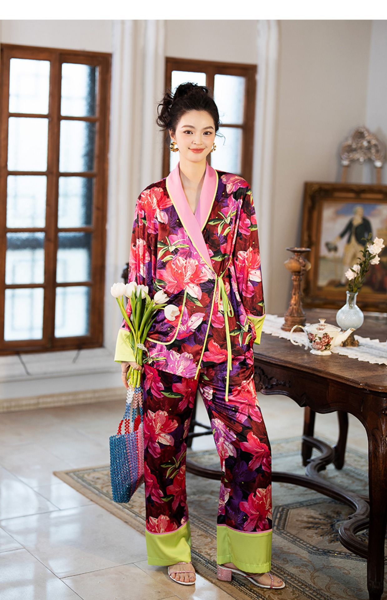 Passec Pyjama 2 pièces à motif floral pour femme, chemise à manches longues pantalon palazzo à jambe large, jaune fruit, taille S Passec Pyjama 2 pièces à motif floral pour femme, chemise à manches longues pantalon palazzo à jambe large, jaune fruit, taille S
