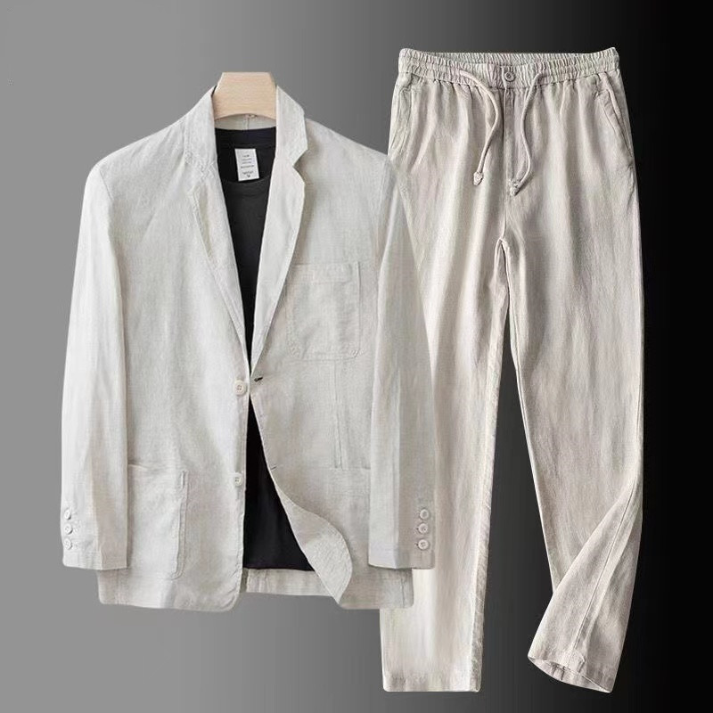 亚麻西服套装男春夏季潮流韩版帅气修身薄款休闲西装俩件套男士