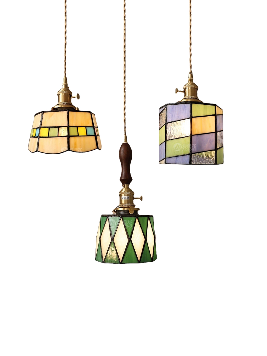 Japanese retro brass green glass ceiling lamp for living room, lights for bed
