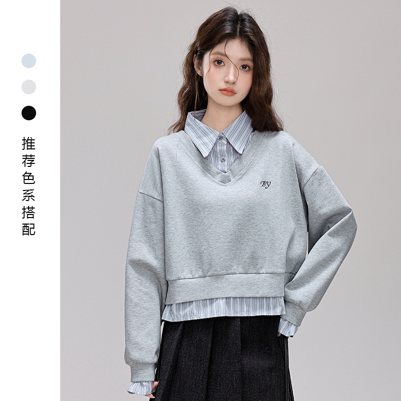 College Style Gray Sweatshirt for Women Autumn 2025 Spring & Fall New Fake Two-Piece Shirt Splicing Polo Collar Hoodless Short Top
